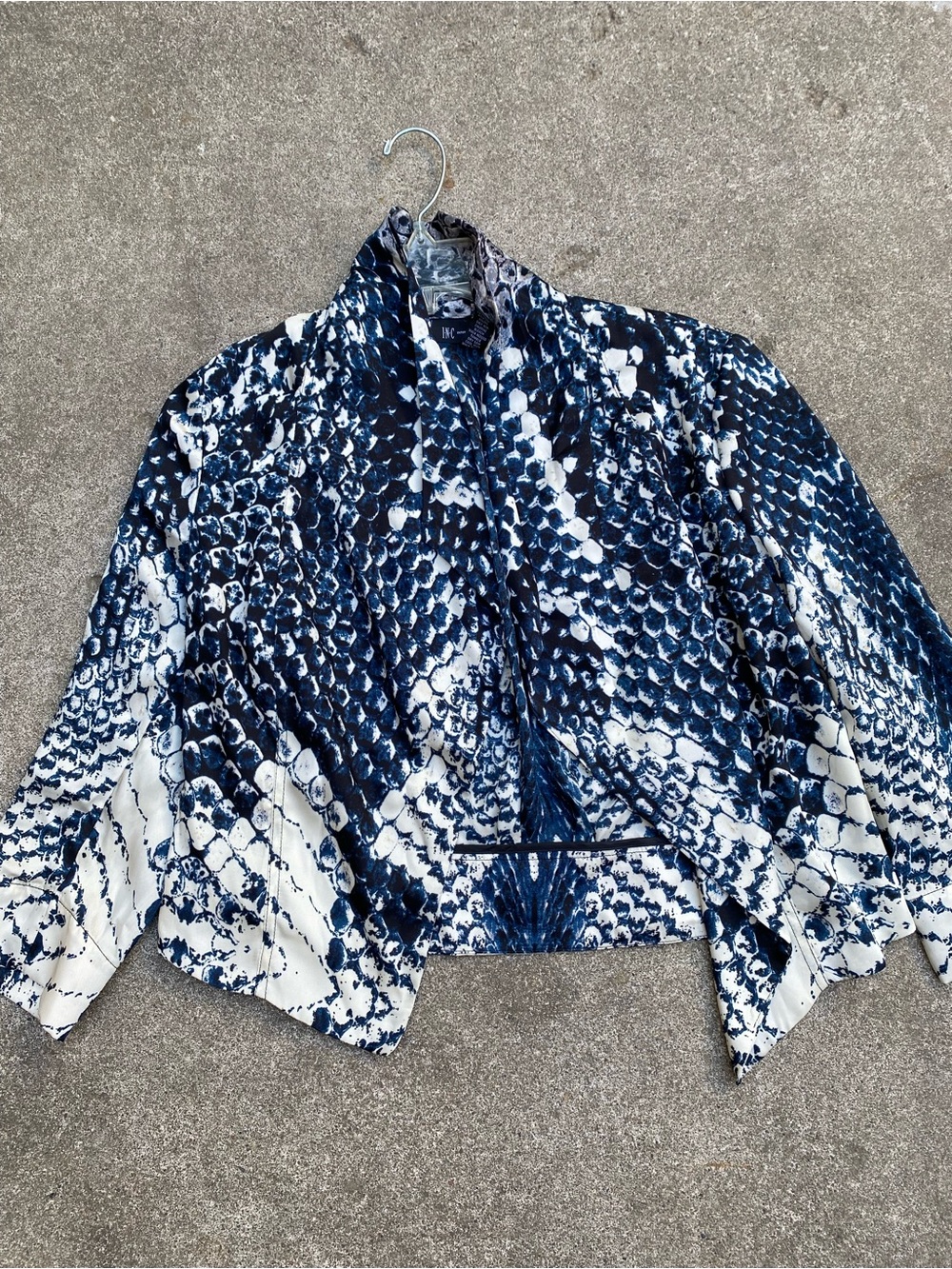 INC International Concepts Blue Snakeskin Crop Blazer Jacket Open Front Sz M